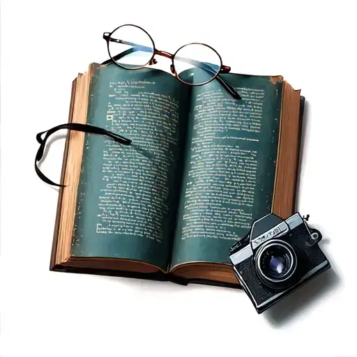 an open book with a pair of classic round eyeglasses resting on top. Next to the book, a small vintage film camera  tattoo design idea