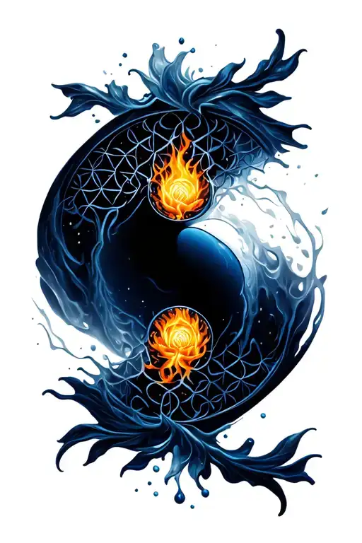 flower of life, yin yang torodial field, thunderstom, dancing in fire, water tattoo design idea