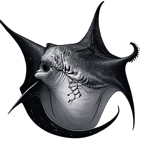manta ray with tail turning into dna strand morphing into music tattoo design idea