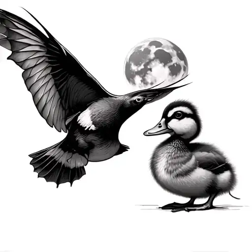 A duckling looks at an Actias Luna. The Actias Luna flies towards the duckling. tattoo design idea