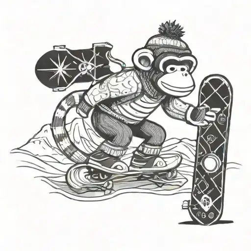 a sock monkey standing sideways on a snowboard tattoo design idea