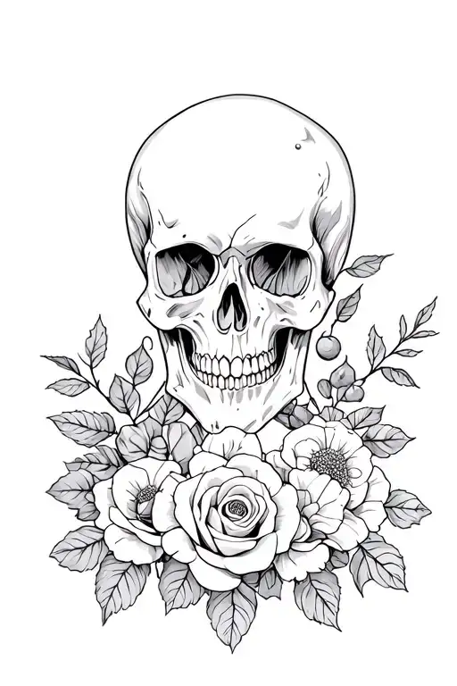 Tattoo on the chest, berries, flowers, skull with roses tattoo design idea