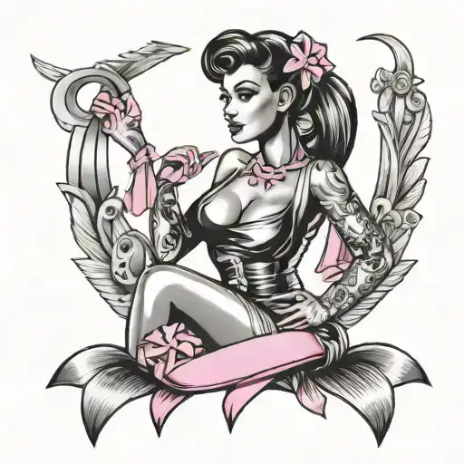 Pinup girl with a pinup style outfit featuring breast cancer awareness ribbons, emphasizing empowerment and support tattoo design idea