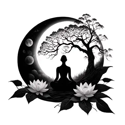 sitting on a bed of lotus blossums a triple moon with a tree inside the full moon tattoo design idea