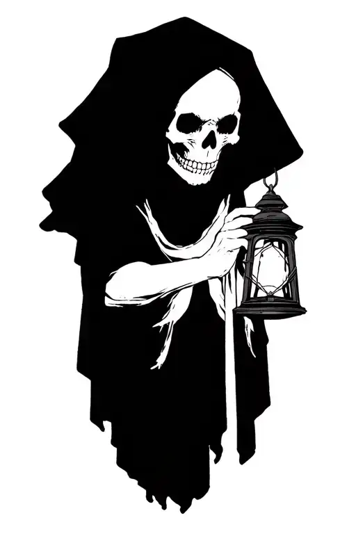 The hermit tarot walking sideways in darkness holding a lantern thats emitting light. Skull face cloaked in hood tattoo design idea