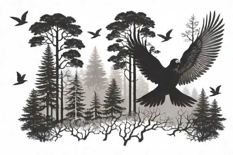 forest with birds flying together tattoo design idea