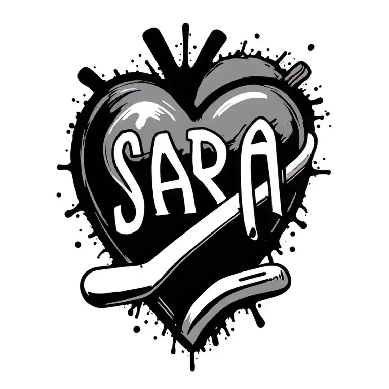 "SARA" heart with hockey stick going thru tattoo design idea