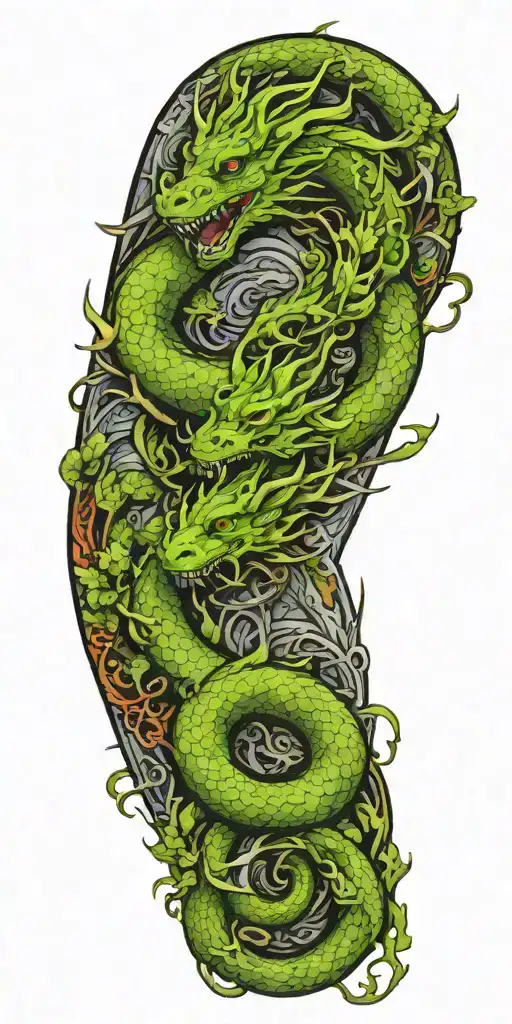 dragon intertwined with elements of trees, plants, wood with dragon face displaying strength and wisdom tattoo design idea
