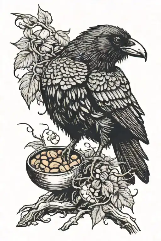 crow eating a nut but the inside of the nut is a brain tattoo design idea