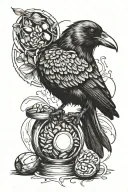 crow eating a nut but the inside of the nut is a brain tattoo design idea