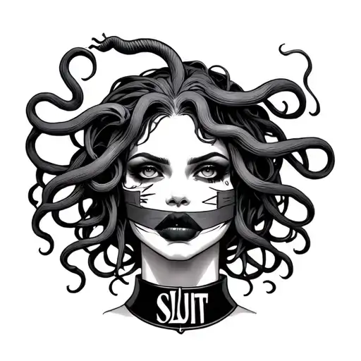 Medusa with mouth taped shut and wearing a collar that says slut tattoo design idea