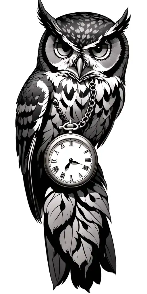 owl with pocket watch around its neck intertwined tattoo design idea