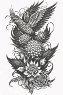 Tattoo composition Thistle, Phoenix, Fire, S, 21, Tech, Cyber, Metal, Sharp edges, futuristic, scotland tattoo design idea