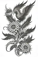 Tattoo composition Thistle, Phoenix, Fire, S, 21, Tech, Cyber, Metal, Sharp edges, futuristic, scotland tattoo design idea