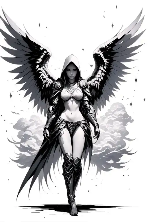 angel with tribal cyber wings with armor and a hood behind her some cyber tribal geometric clouds tattoo design idea