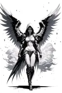 angel with tribal cyber wings with armor and a hood behind her some cyber tribal geometric clouds tattoo design idea