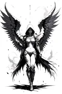 angel with tribal cyber wings with armor and a hood behind her some cyber tribal geometric clouds tattoo design idea