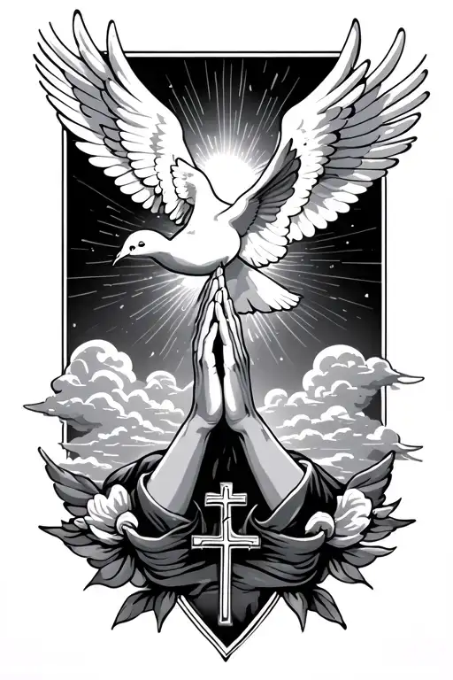 praying hands with cross and doves angels sun light and clouds tattoo design idea