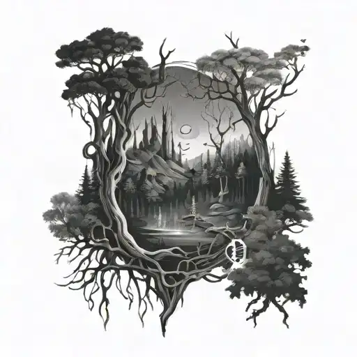A haunting scene of a dark forest with Aegishjalmur symbols hidden among the trees tattoo design idea