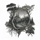 A haunting scene of a dark forest with Aegishjalmur symbols hidden among the trees tattoo design idea