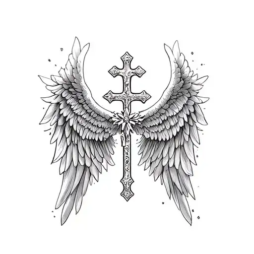 christian orthodox cross with angel wings tattoo design idea
