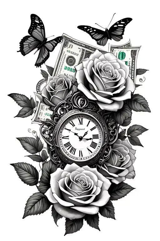 "Perfectly imperfect " roses time piece money and butterflies tattoo design idea