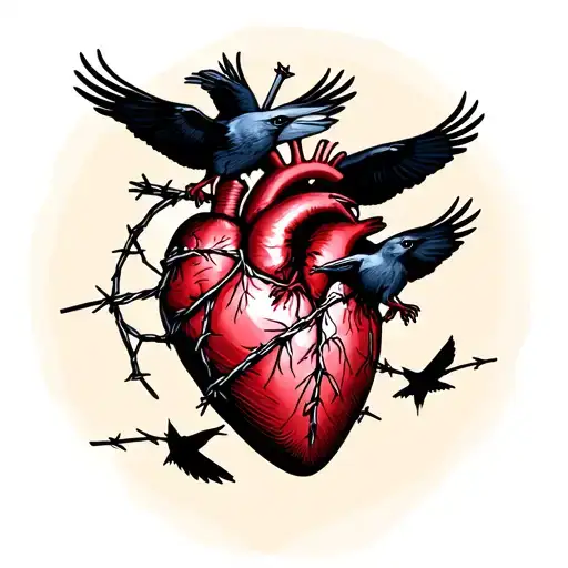 a heart wrapped in barbed wire and ravens flying around or above it tattoo design idea