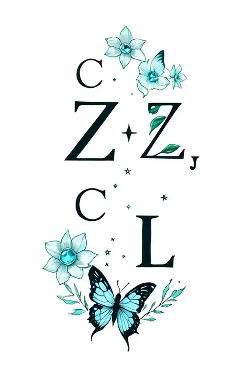 "C, Z, C, L" phoenix , a butterfly, Daffodils, aquamarine, a compass with stars gaxly, heartbeat line, semicolon, medical symbol  tattoo design idea