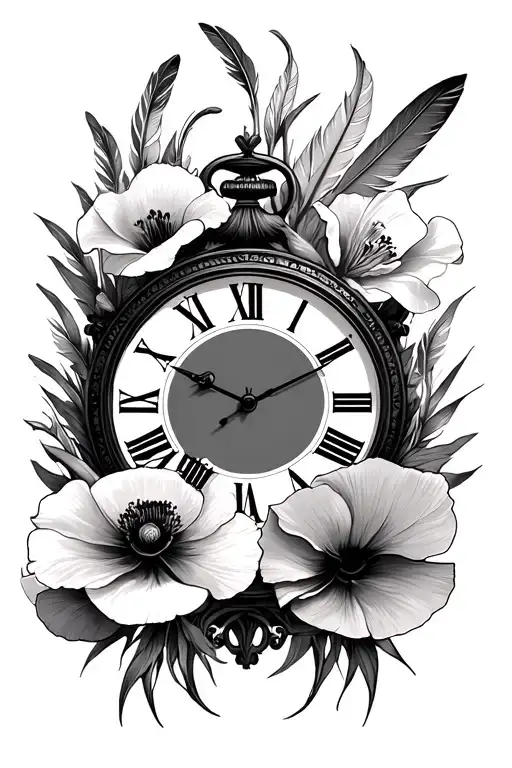 roman numeral clock face with gladioli and poppy flower with featherswrapping around tattoo design idea