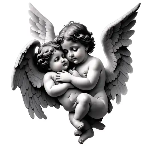 2 cherubs with wings, mother cherub hugging the baby cherub  tattoo design idea