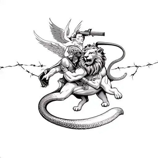 british lion wrestling with a cobra, british soldier with angel wings bayoneting the tail, barbed wire, tattered flag tattoo design idea