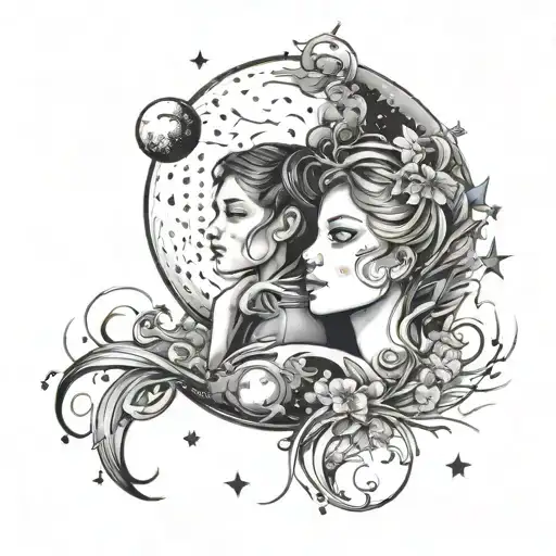 Create a tattoo of a moon and stars with a young couple in elegant silhouettes, balancing simplicity with detailed elements. tattoo design idea