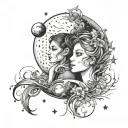 Create a tattoo of a moon and stars with a young couple in elegant silhouettes, balancing simplicity with detailed elements. tattoo design idea
