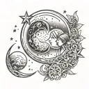 Create a tattoo of a moon and stars with a young couple in elegant silhouettes, balancing simplicity with detailed elements. tattoo design idea