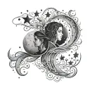 Create a tattoo of a moon and stars with a young couple in elegant silhouettes, balancing simplicity with detailed elements. tattoo design idea