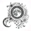 Create a tattoo of a moon and stars with a young couple in elegant silhouettes, balancing simplicity with detailed elements. tattoo design idea