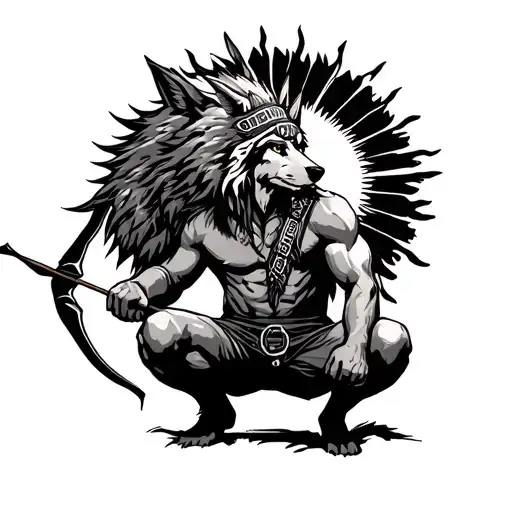 wolf headdress on a male crouch holding a bow and arrow under a noon sun tattoo design idea