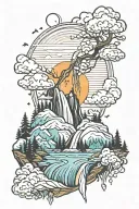 waterfall forest mountain sunrise tattoo design idea