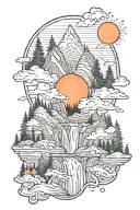 waterfall forest mountain sunrise tattoo design idea