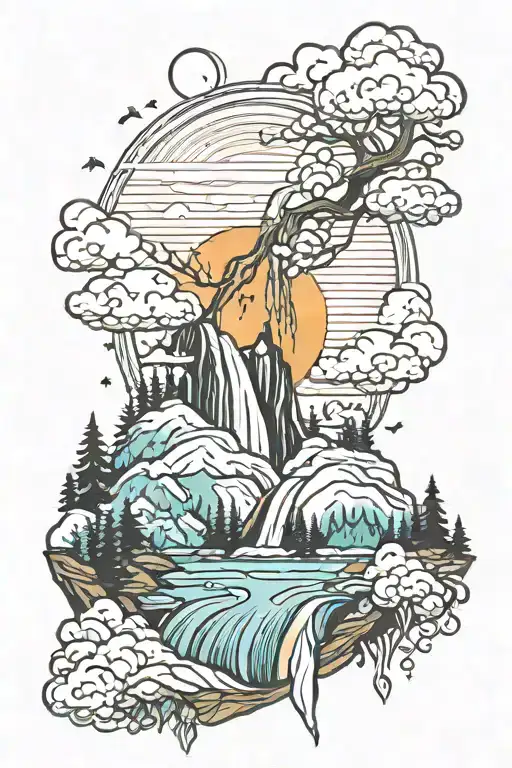 waterfall forest mountain sunrise tattoo design idea
