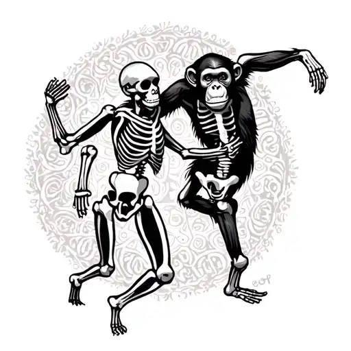 Chimpanzee and a skeleton dancing together tattoo design idea