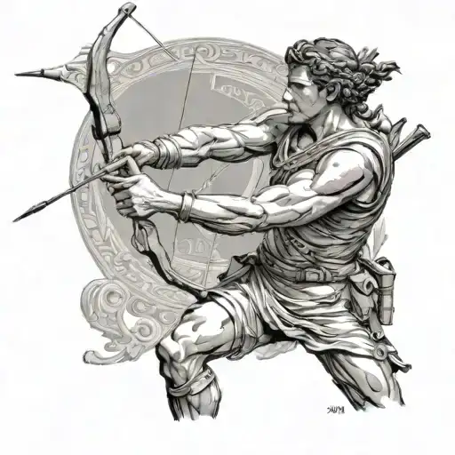 an archer in shooting position just about to release his arrow. ancint greek or roman sculpture style. tattoo design idea