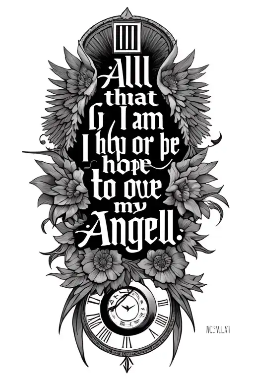 roman numerals on top (VII.III.MCMLXXI) quote in the middle (all that i am or hope to be i owe to my angel) roman numera tattoo design idea