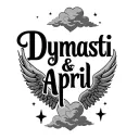 "Dynasti & April" name in shape of heart with wings and clouds and stars tattoo design idea