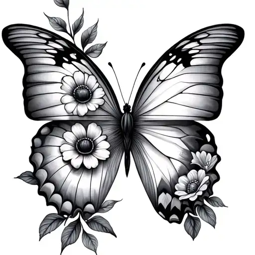 half butterfly half flowers tattoo design idea