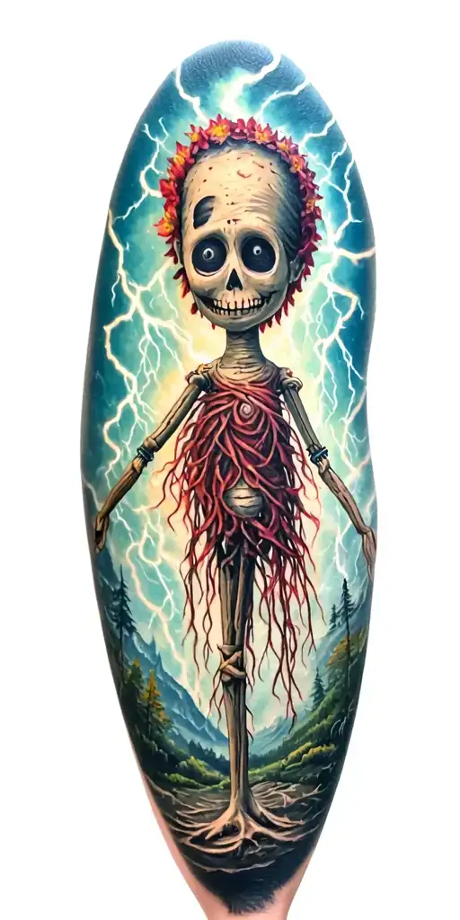 fabric voodoo doll and lightining storm and vegvisir and nature tattoo design idea