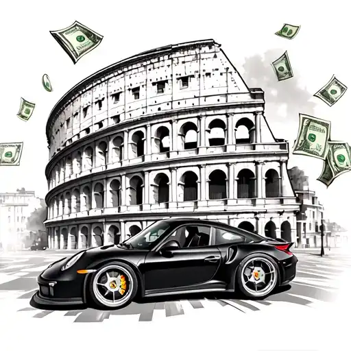 a part colosseum whith a small street beside and a black porsche 911 from the back that is trowing 100€ bills out  tattoo design idea