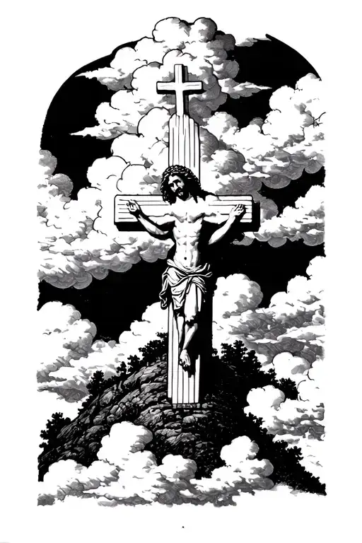3 crosses on hill clouds jesus in clouds tattoo design idea