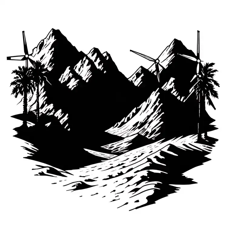 upside down traingles and palm spring desert mountains with windmills in the mountains tattoo design idea