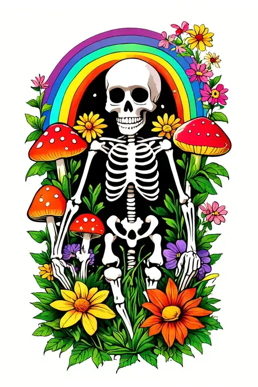 Skeleton gardener surrounded by flowers and mushrooms and rainbow tattoo design idea